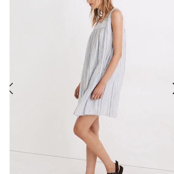 Madewell Women's XXS Yoked Mini Dress in Textured Stripe Sleeveles Blue Pockets - Picture 2 of 16